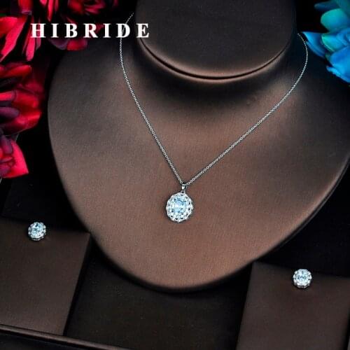 HIBRIDE Brilliant Oval Shape AAA Cubic Zircon Pendant Jewelry Sets Necklace Sets Earings Set Dubai Full Jewelry Set N-547