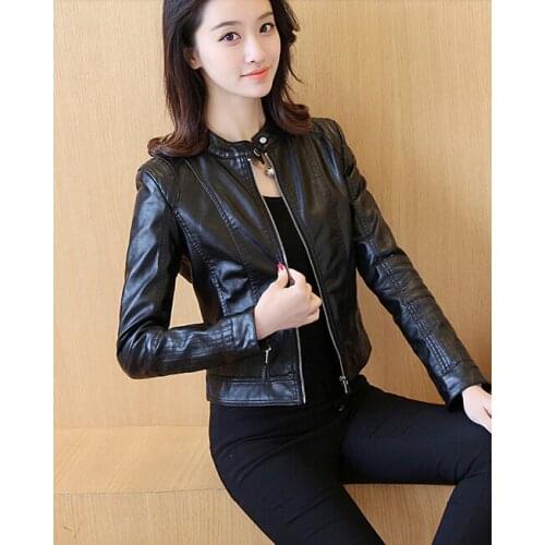 Women Leather Jacket Single Pimkie Washed PU Leather Motorcycle Jacket PIMKIE Jacket Slim Female Soft Leather Large black pink