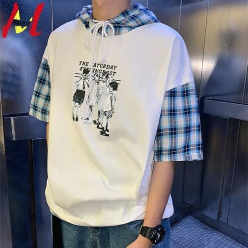 MANVALUE Young Teenagers Short Sleeves Fashion Oversize Loose Type Tops & Tees Hooded Plaid Printing T-Shirts