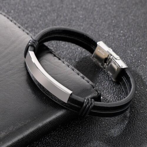 HaoYi Punk Double Cowhide Mens Bracelet Cool Leather Chain Party Jewelry Cheap Wristband