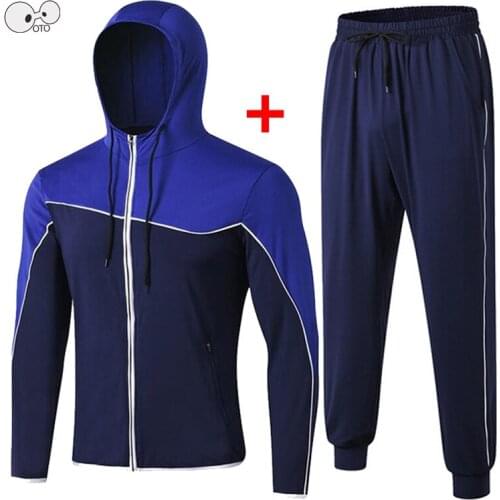 Mens Quick Dry Elastic Sport Suits with Pocket 2020 Spring 2 Pieces Running Set Sportswear Gym Fitness Jogging Hooded Tracksuit