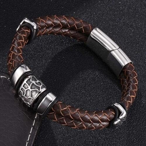 Men Bracelet Double Layer Braided Leather Fashion Wrist Band Stainless Steel Accessories Woven Bracelets Pulsera Hombre ST0379