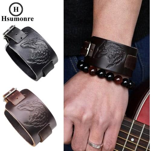Men Leather Bracelets Wide Wolf Head Print Retro Genuine Leather Black Wrap Bracelets Adjustable Wristbands Retro Style Bracelet
