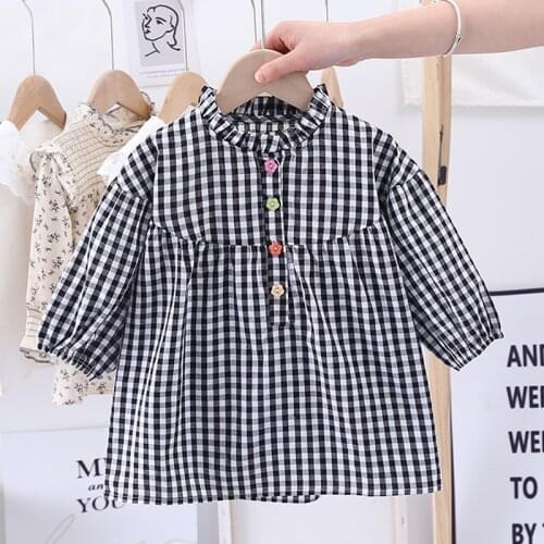 New Casual Girls Dress Spring Autumn Bubble Sleeve Plaid Print Half High Collar Cute Dress Childrens Clothes Loose Dress