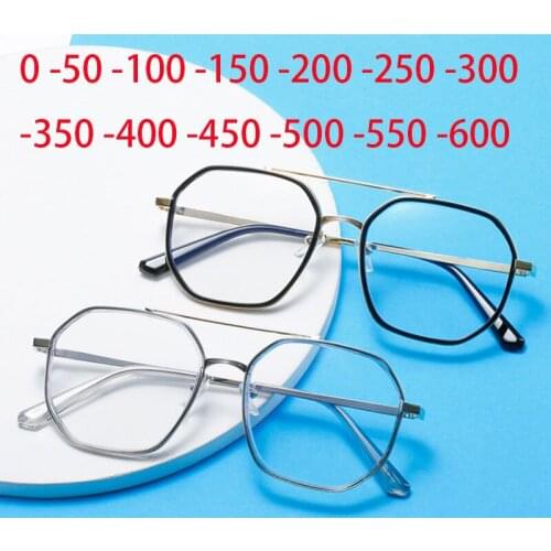 Double Beam Metal Polygon Finished Myopia Glasses Unisex Literary Student Prescription Lens Diopter Eyewear 0 -0.5 -1.0 To -6.0