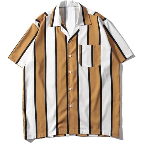 April MOMO Striped Turn-down Collar Front Pocket Street Shirts Men 2020 Summer Hawaii Style Mens Shirts Hip Hip Shirt Plus Size