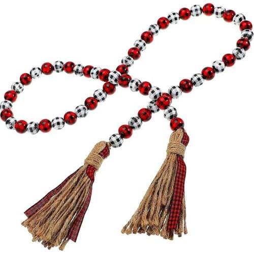 Christmas Plaid Wooden Beads Tassel Decorative Pendant for Christmas Tree Wall Wreath Cake Vase Decor