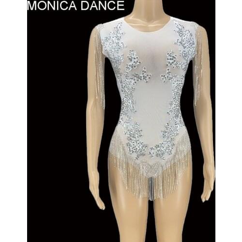 Sexy Stage Sparkly Rhinestone Fringes Bodysuit Dance Costume See Through Nightclub Outfit Tassel Leotard Birthday Party Bodysuit