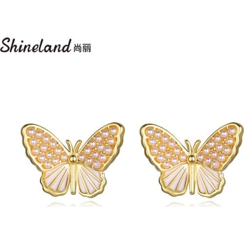 Shineland New Korean Luxury Simulated Pearl Butterfly Enamel Stud Earrings Vintage Small Gold Color Metal Brincos for Women Gift
