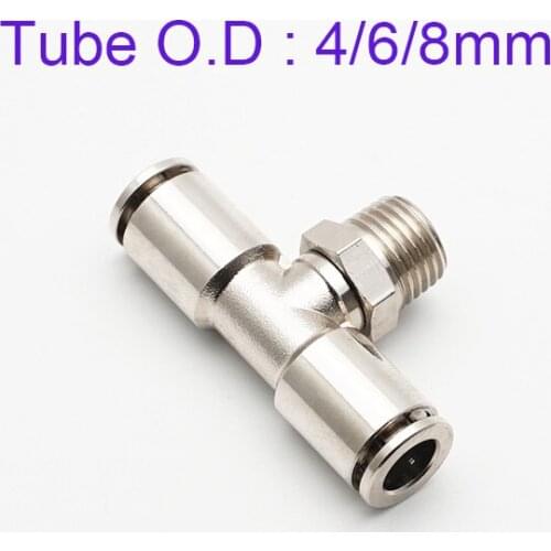 PB 4/6/8mm Tube Copper Nickel-plated Tee Joints M5 1/8 1/4 1/2 Male High Temperature Pressure Metal Quick Pipe Connector T type
