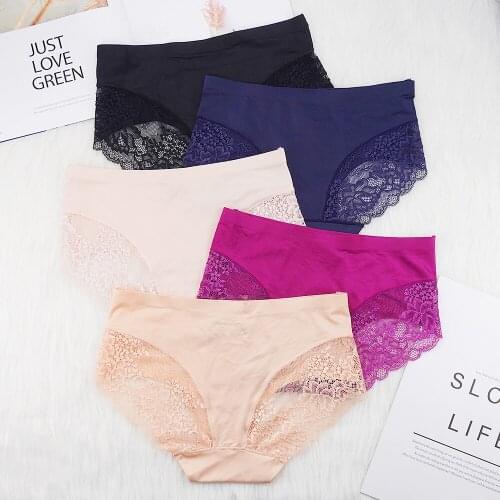 3 Pcs Lot Women Underwear Sexy Lingerie Feminina Low Ice Silk Seamless Panties Lady Briefs Lace Ruffles Underpants Solid Color