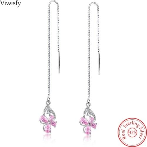 Viwisfy Cute Butterfly 925 Sterling Silver Drop Earrings For Women Pink Crystal Long Tassel Dangle Earrings Female VW21237