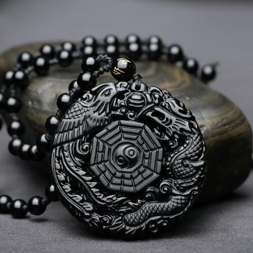 High Quality Unique Natural Black Obsidian Hand Carved Dragon and Phoenix Lucky Amulet Pendant Necklace For Women Men Pendant