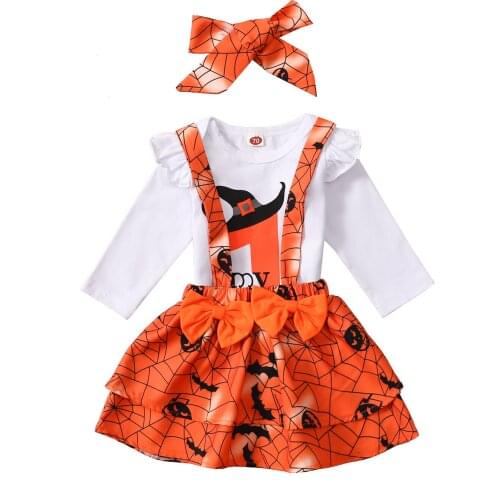 2021 Newborn Baby Girl My First Halloween Romper Strap Skirt Bow Hairband Spider Print Elastic Waist Skirt 2Styles 0-12M