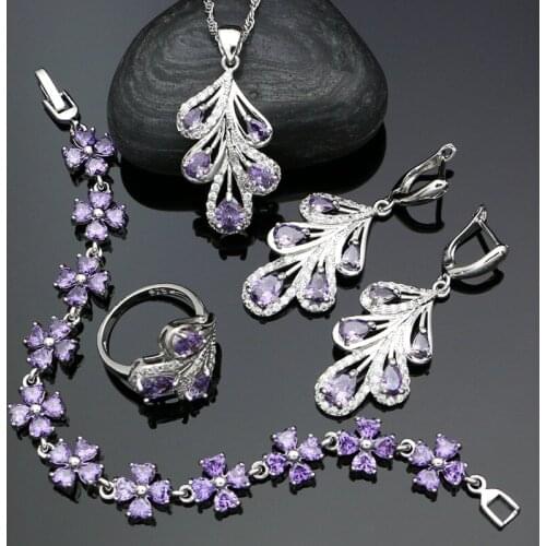 Plant 925 Sterling Silver Bridal Jewelry Sets For Women Purple Cubic Zirconia Earrings Pendant Ring Bracelet Necklace Sets