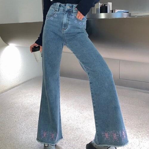 SHNSOPHI Mom Jeans Woman High Waist Butterfly Embroidery Flare Blue Denim Pants Korean Fashion Clothes Female Bell Bottom Jean