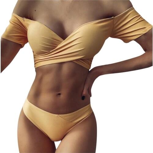 Womens Solid Color Short Sleeve Cross Bikini Push Up Low Waist Split Sexy Swimsuit Ladies Swimming Suit For Women Bikini Set
