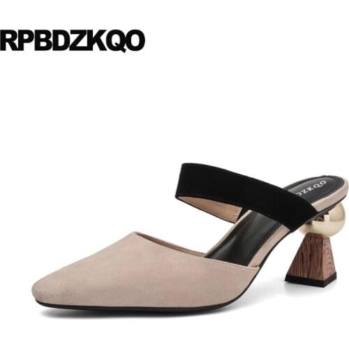 Mary jane metal size 33 ladies high heels shoes suede thick abnormal pointed toe mules slipper 3 inch pumps strange chunky strap