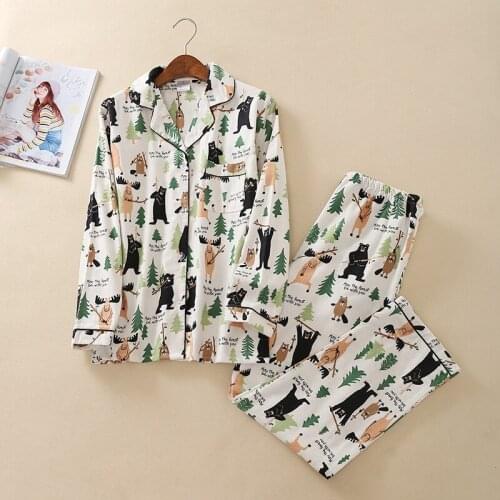 Ladies Pajamas Set 100% Cotton Cartoon Bear Printed Pyjamas Spring Women 2Pcs Turn-down Neck Long Sleeve Comfort Nature Homewear