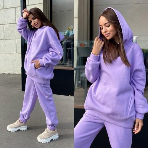 2 Pcs Women Sports Tracksuit Set Solid Color Long Sleeve Hooded Sweatshirt Hooded Hoodies Pants with Drawstring Autumn Winter