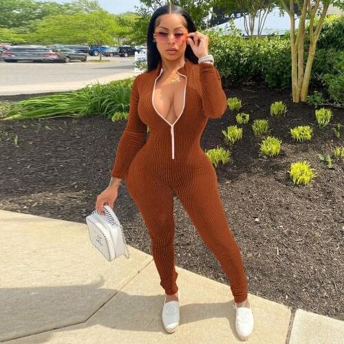 Corduroy Ribbed Rompers Womens Jumpsuit Early Autumn Zipper Front Long Sleeve Skinny Romper Fashion Workout One Piece Overalls