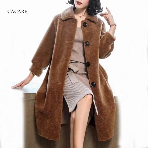 2018 Real Shorn Sheep Skin Long Camel Coat Autumn Winter Ladies Korean Wool Coat Cashmere Beige F0199 Single Breasted