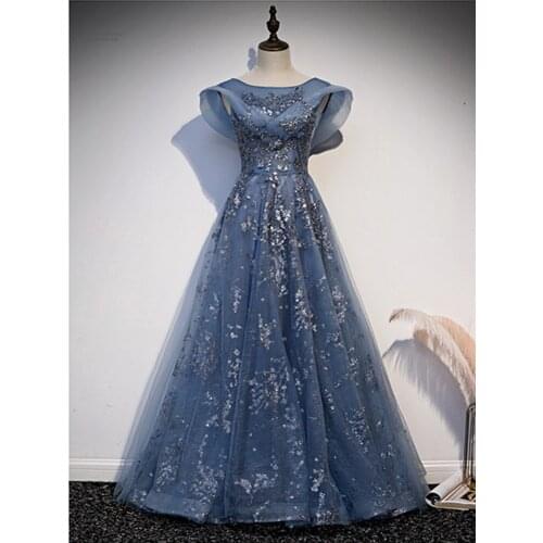 2021 Robe De Soiree A-line Blue Evening Dresses Long Dress Formal Party Dress Vestido De Festa Sexy Scoop Neck Evening Dress