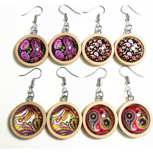 1pair Mandala earrings Wood Tray Cabochon with Bandanna Buddhism Glass Cabochon Drop Earrings for women girl