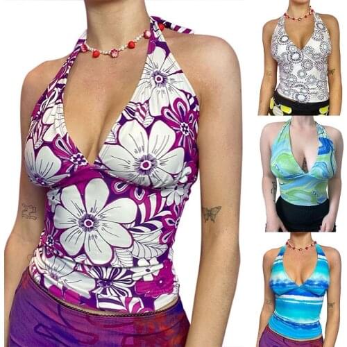 2021 New Summer Woman Tank Tops Sleeveless Backless V-neck Strap Floral Vest High Street Women Clothes