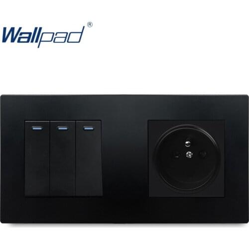3 Gang 2 Way With EU French Socket Black Wallpad Luxury Wall Power Electrical Outlet Sockets PC Panel