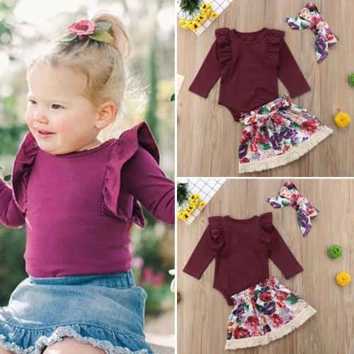 Pudcoco Girl Set 0-24M Toddler Kid Baby Girls Floral Tops Romper Skirts Headband Outfits 3pcs Set