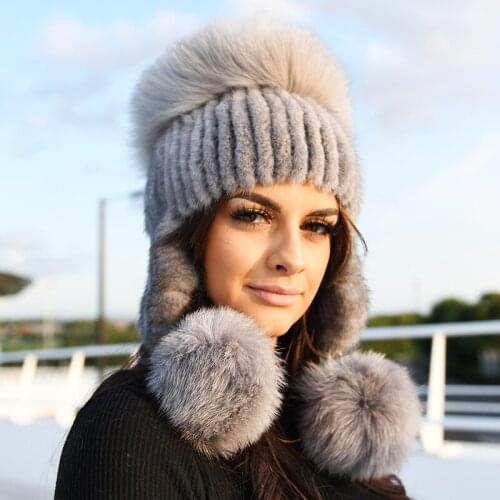 Free Shipping CX-C-61A Winter Fashion Fox Fur Pom Pom Real Mink Womens Fur Hats