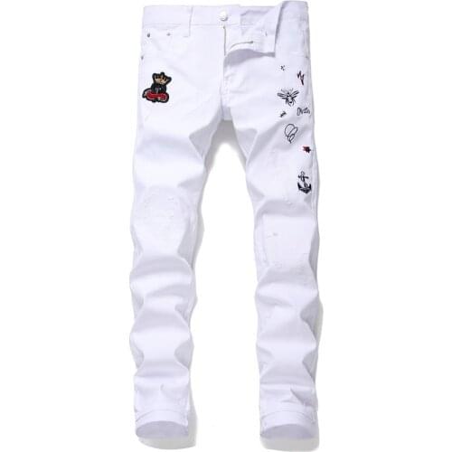 European and American Style white Bullet Hole patch Cloth Embroidery Bee Nightclub Straight tube Fashion mens casual jeans
