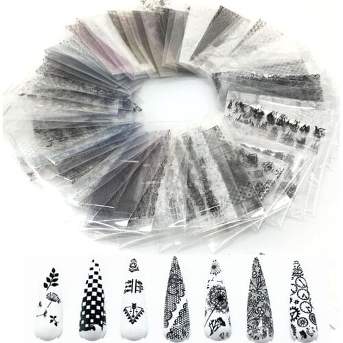 20/30/50 Sheets Black White Nail Foils for Nails Floral Transfer Paper Stickers Lace Adhesive Wraps Set DIY Nail Art Decorations