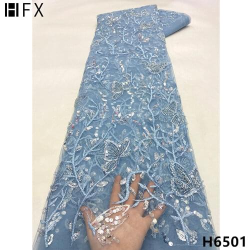 HFX Latest Beaded Tulle Lace Fabric Glitters African Lace Fabric 2021 Net Lace Fabric Nigerian Laca Mesh Lace For Dress HX5581