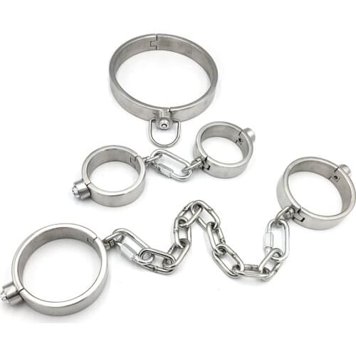 Hi-Q Stainless Steel Push Lock Neck Collar Handcuffs Ankle Cuff Restraints Fetish BDSM Lockable Sex Toys For Women Man Couples