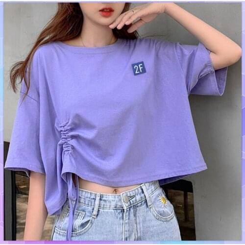 Korean Sexy Crop Top White Shirt Women Tee Shirt Summer High Waist Short Sleeve Crop Top Harajuku Lace Up Loose T-Shirts Blusas