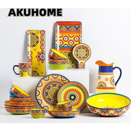 Latin Series Creative Ceramic Salad Bowls Hand-painted Western Dishes Underglaze Home Rice Bowls Noodle Bowls Plate Set