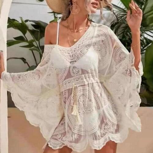 Summer Sexy Bikini Cover Up Lace Batwing Sleeve Women Solid Color See Through Hollow Out Beach Dress Beachwear