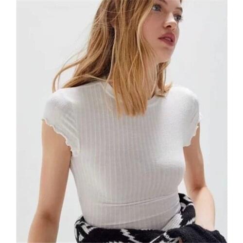 MRMT 2021 Brand New Womens T Shirt Wooden Ear Short-sleeved Knitted T-shirt for Female Threads Slim Short Tops Tshirt