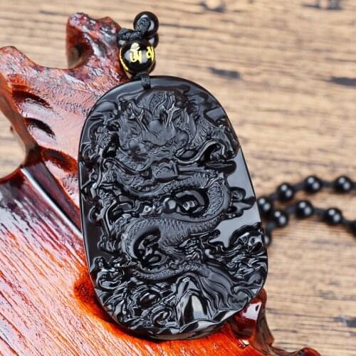 Natural Black Obsidian Carving Dragon Lucky Amulet Pendant Necklace For Women Men pendants Fashion Jewelry Drop Shipping
