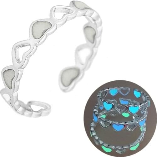 Adjustable Hollow Heart Luminous Ring Glow In Dark Silver Color Rings for Women Friends Gift Vintage Fashion Jewelry Ring