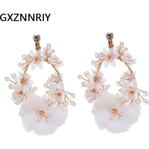 Handmade Chiffon Flower Clip on Earrings for Women Accessories Crystal Bridal Wedding Drop Earring Party Jewelry Bridesmaid Gift