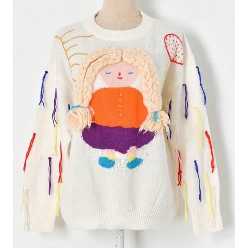 Cute Oversize Sweater Woman 2021 New Lazy Oaf Pullovers Kawaii Doll Cartoon Girl Appliques Color Tassel Loose White Sweaters
