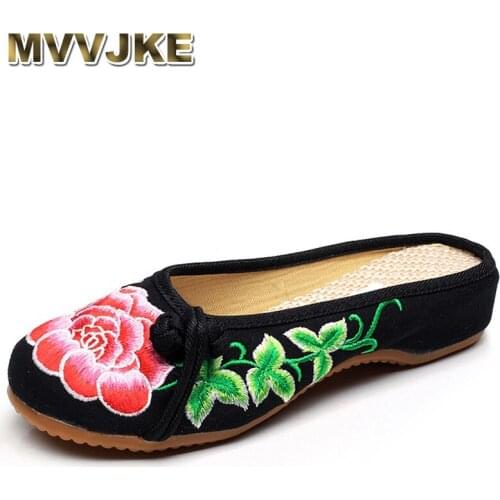 MVVJKE Chinese New Summer Embroidery Slippers Women Red Peony Retro Style Slippers Embroidered Soft Canvas Slippers Woman E222