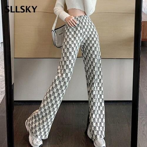 SLLSKY Casual Letter Printted Women Pants 2021 Spring New Elastic High-Waist Split Female Wide Leg Pants Street Sprots Pants