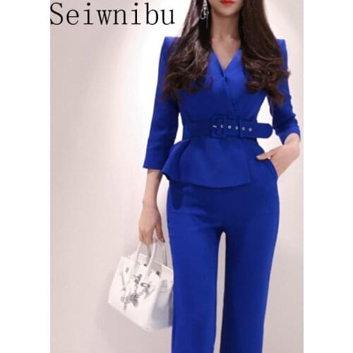 High Quality Elegant Belted Waist Business Jumpsuits Women 2020 OL V-Neck Wide Leg Long Playsuits Casual Work Wear Rompers