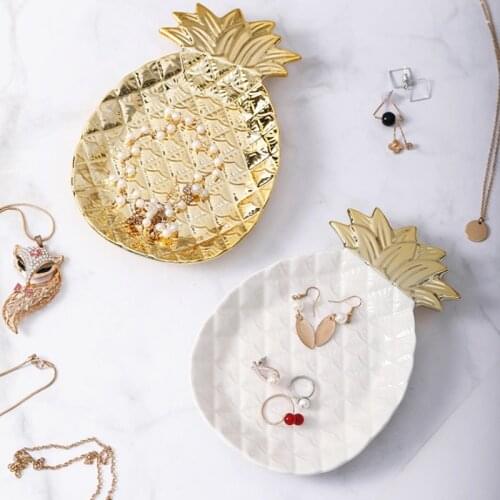 Golden Plating Pineapple Ceramic Jewelry Dish Key Dry Fruit Candy Collection Plate Home Decoration Ornaments 19.5* 13.5 * 2.5cm