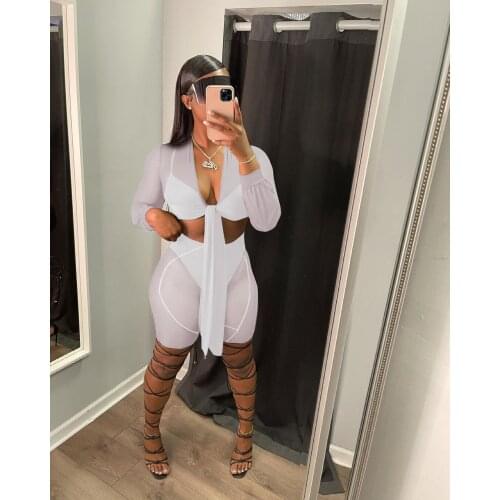 2021 Summer Casual Fashion Women Slim Street Sexy Nightclub Gauze See-Through Lace Four-Piece Suit