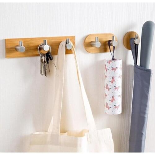 3PCS/Set Self Adhesive Wall Door Back Hook Japanese Style Stainless Steel Bamboo Hook Key Hat Coat Clothes Hanger Storage Hook